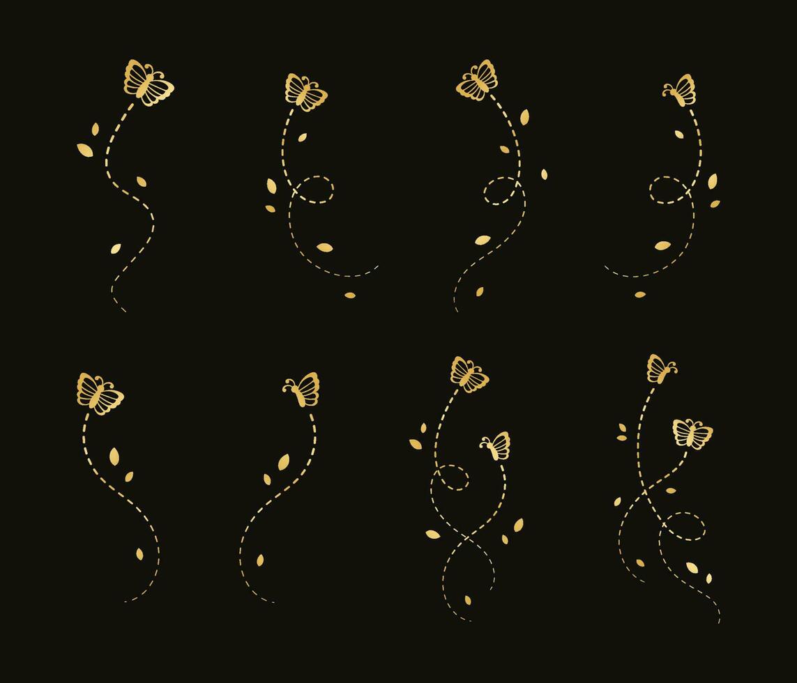 Gold Butterflies Set. Golden Flying Butterfly with Dotted Line Route. Beautiful elegant insects with open wings trail. Vector design elements for spring and summer.