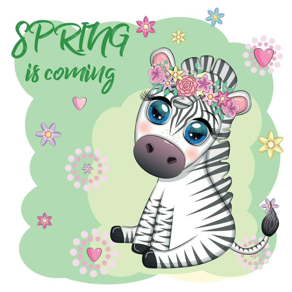 Striped zebra in a wreath of flowers, with a bouquet. Spring is coming vector