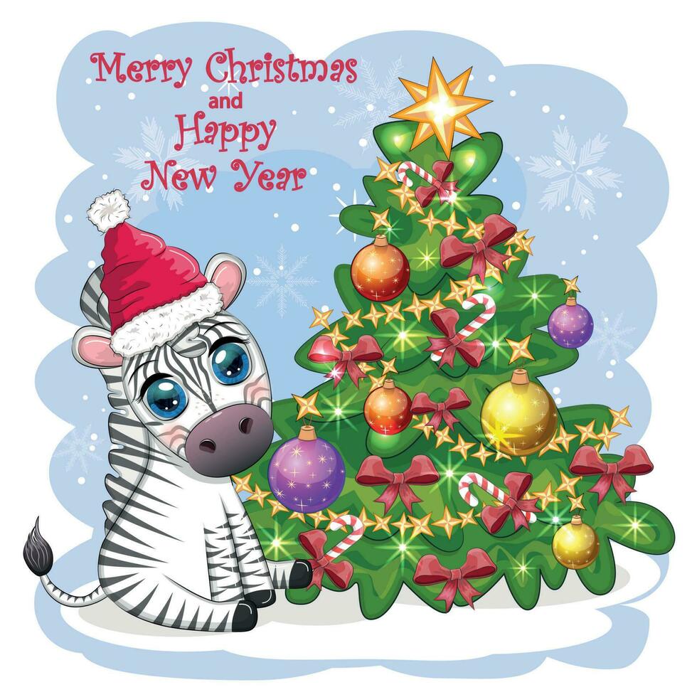 Merry Christmas and Happy New Year greeting card with cute zebra in santa hat with christmas ball, candy kane, gift vector