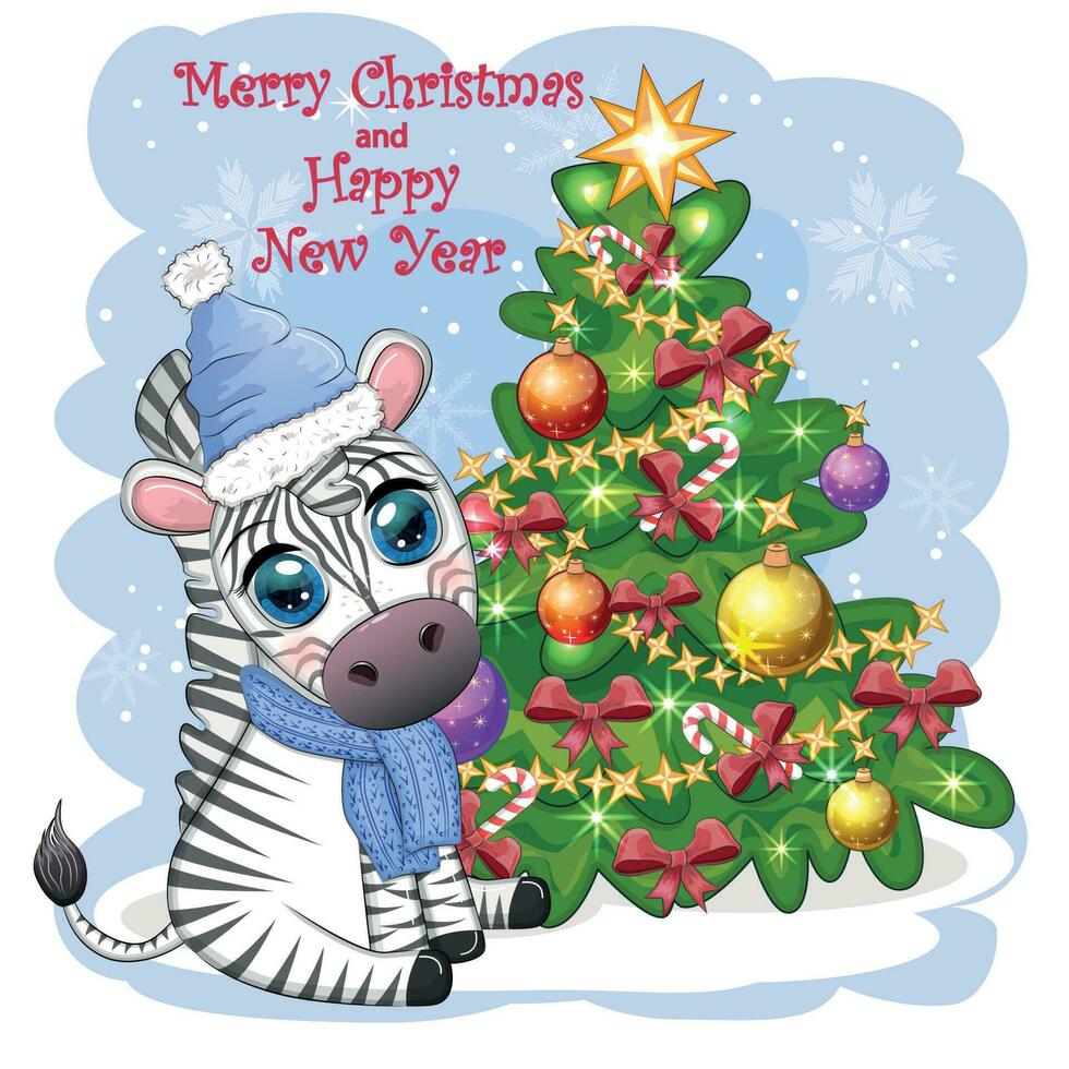 alegre Navidad y contento nuevo año saludo tarjeta con linda cebra en Papa Noel sombrero con Navidad pelota, caramelo Kane, regalo vector