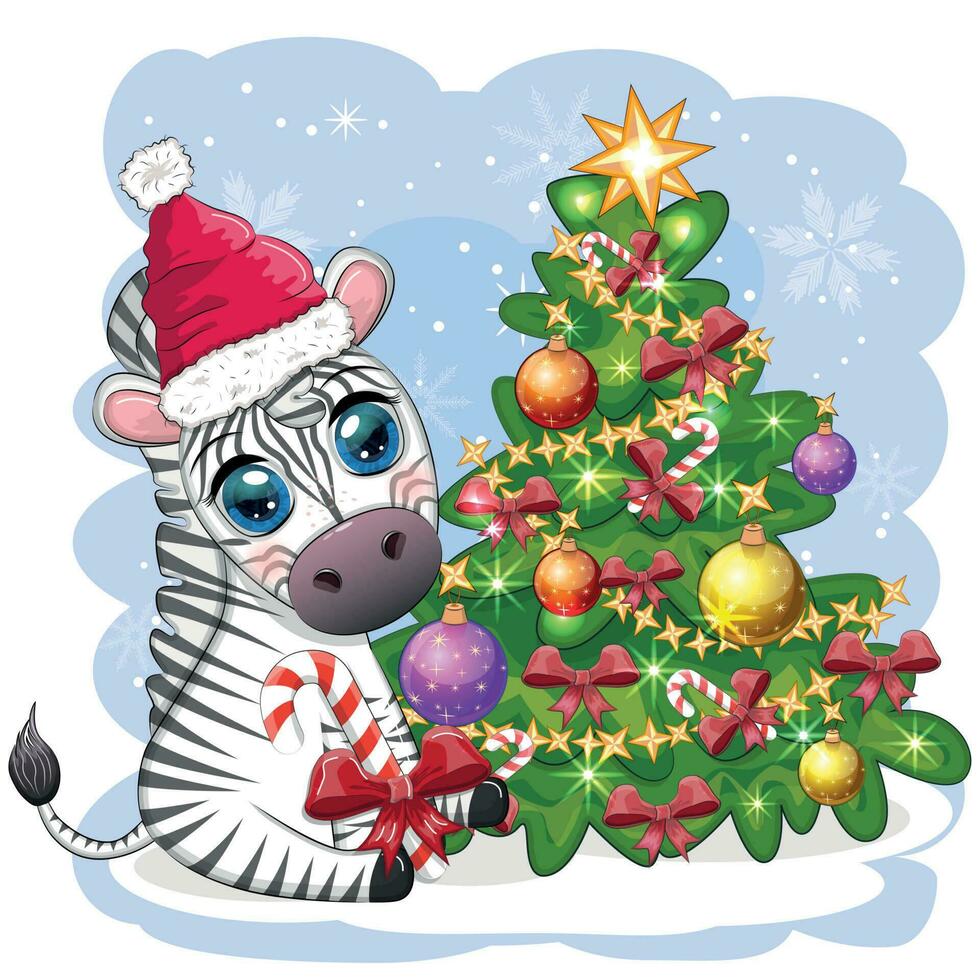 Merry Christmas and Happy New Year greeting card with cute zebra in santa hat with christmas ball, candy kane, gift vector