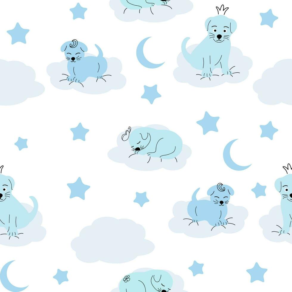 Cute sleeping puppy, clouds, stars, crown, butterflies Seamless pattern. Gentle colors. For newborns vector