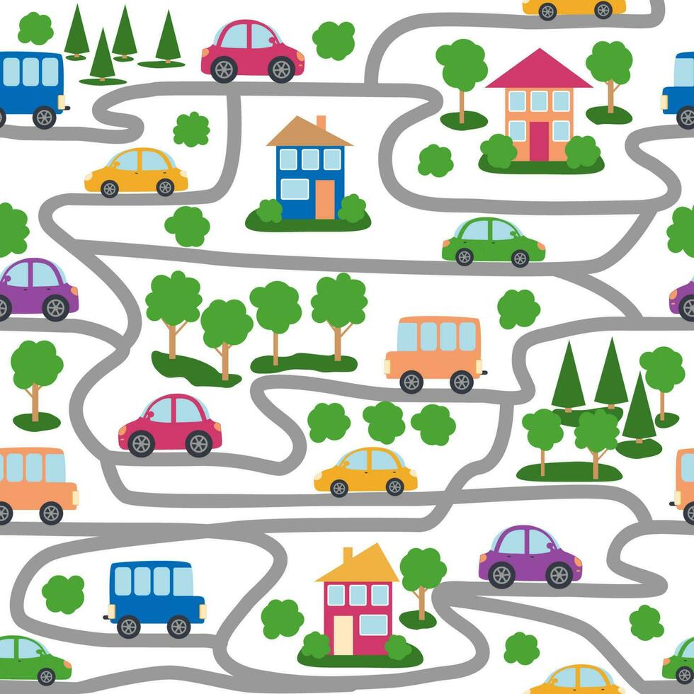 Cars, buses, trains, houses and roads, city seamless childish pattern vector