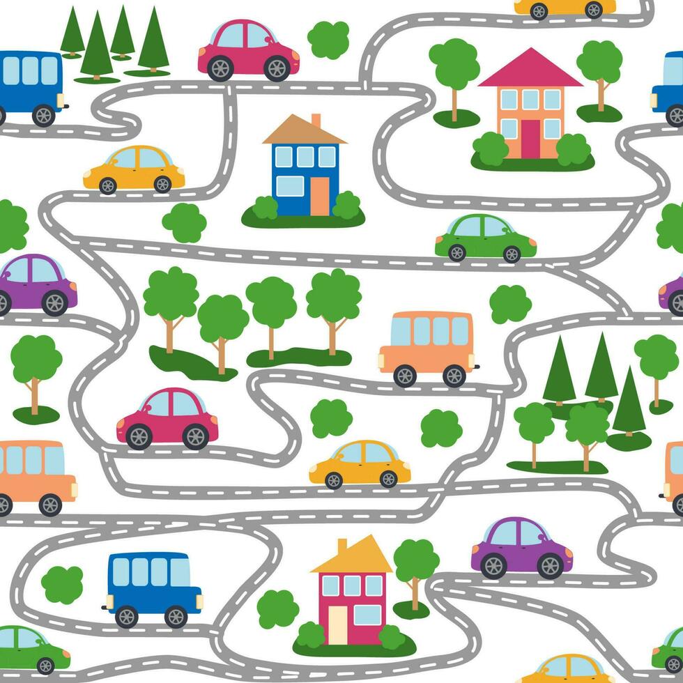Cars, buses, trains, houses and roads, city seamless childish pattern vector