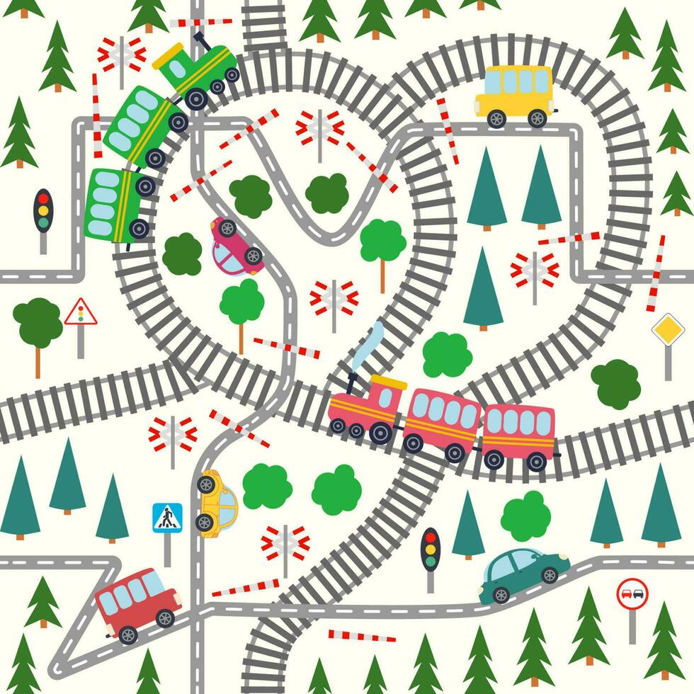 detallado para niños mapa de el ciudad. carros, autobuses y trenes, casas y carreteras, río, bosque y ciudad sin costura infantil modelo vector