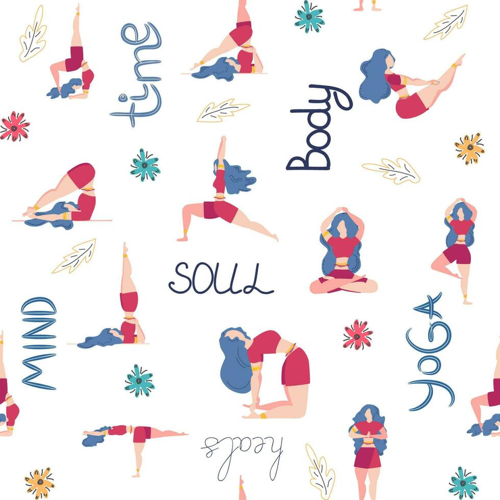 Yoga seamless pattern woman is engaged. Yoga poses, lotus, monstera. Health of mind and body vector