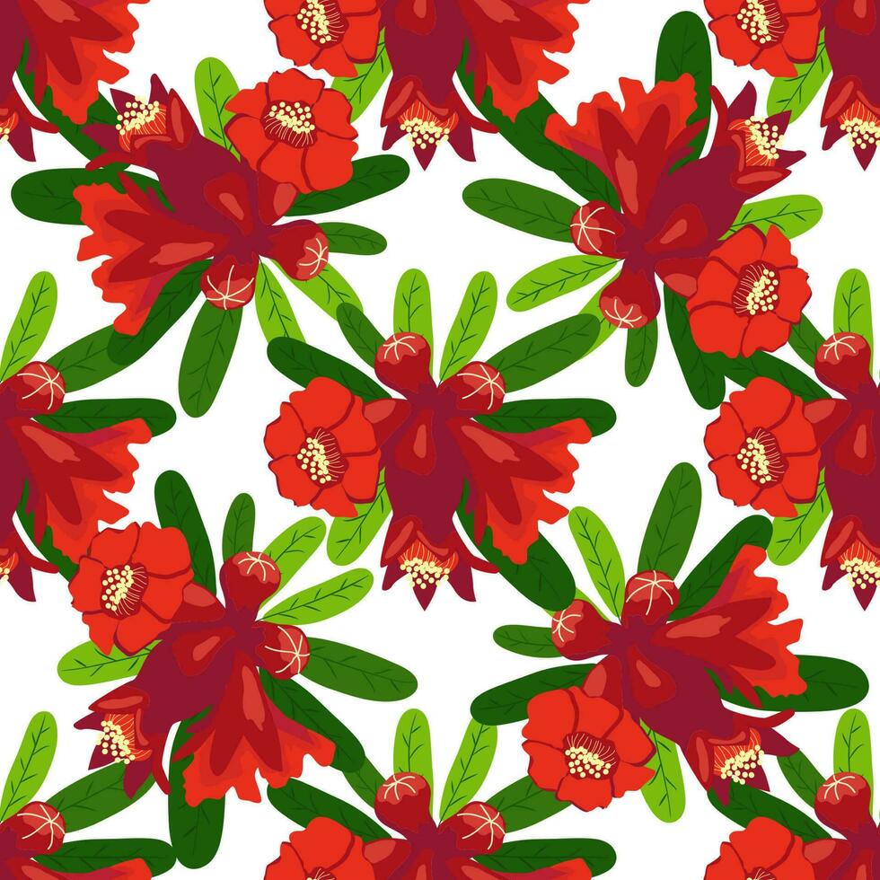 Pomegranate flowers Seamless pattern. Bright leaves and flowers. Shana Tova seamless pattern. Jewish New Year vector