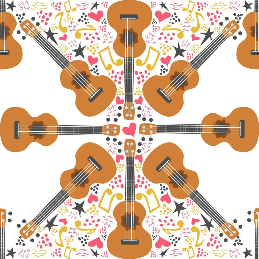 Ukulele seamless pattern, ukulele. Pattern with monstera, leaves, flowers, notes, inscriptions vector
