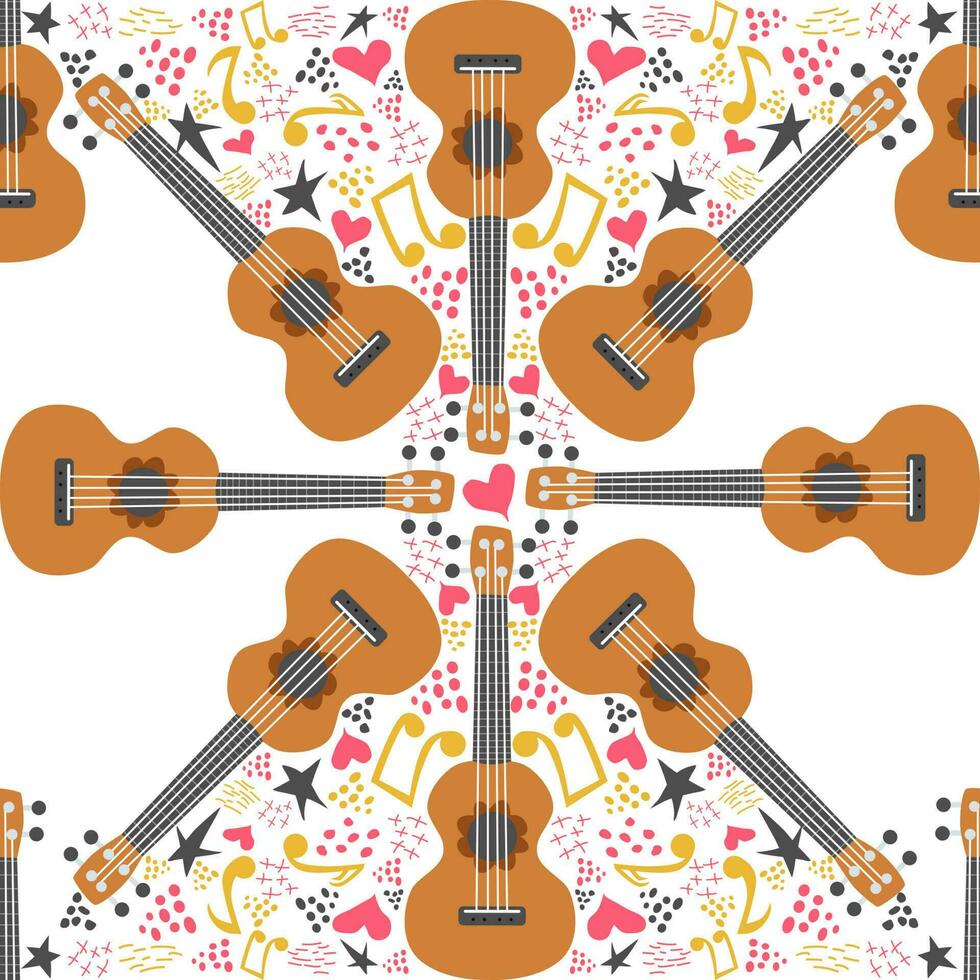 ukelele sin costura patrón, ukelele modelo con monstruo, hojas, flores, notas, inscripciones vector