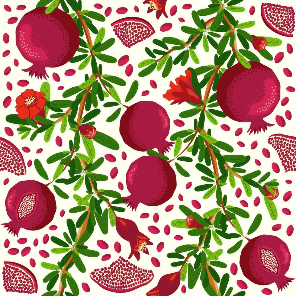 Pomegranate branches with fruits and flowers Seamless pattern. Bright leaves and fruits. Jewish New Year vector