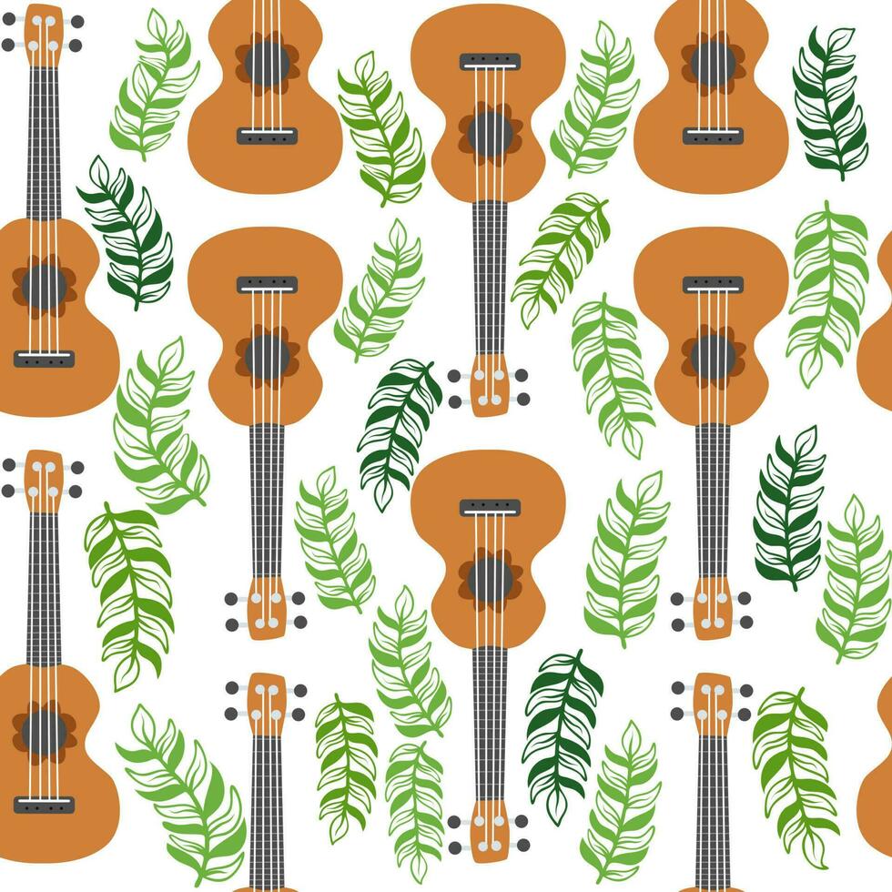 ukelele sin costura patrón, ukelele modelo con monstruo, hojas, flores, notas, inscripciones vector