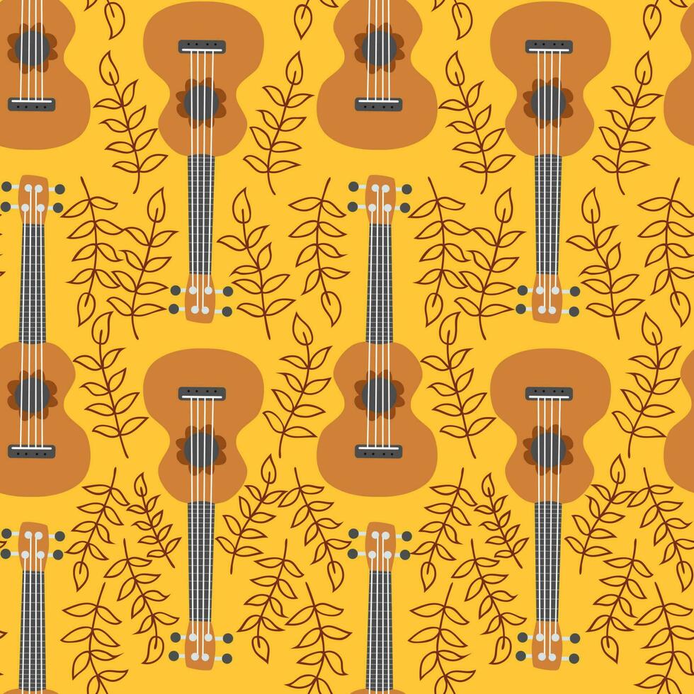 Ukulele seamless pattern, ukulele. Pattern with monstera, leaves, flowers, notes, inscriptions vector