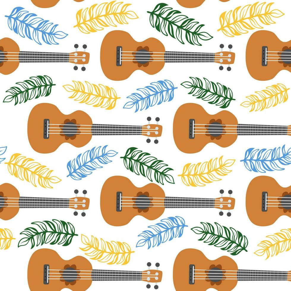 Ukulele seamless pattern, ukulele. Pattern with monstera, leaves, flowers, notes, inscriptions vector