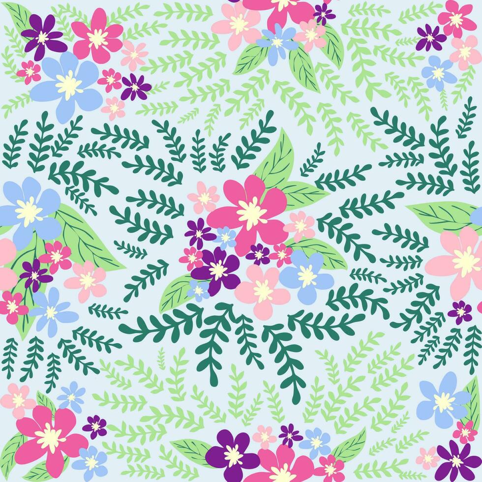 fantasía sin costura floral modelo con azul, rosa, púrpura, rojo, naranja flores y hojas. elegante modelo para Moda vector