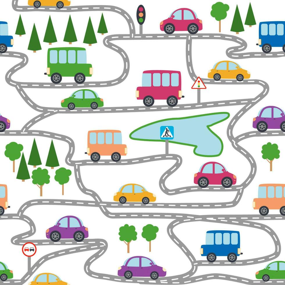 Cars, buses, trains, houses and roads, city seamless childish pattern vector