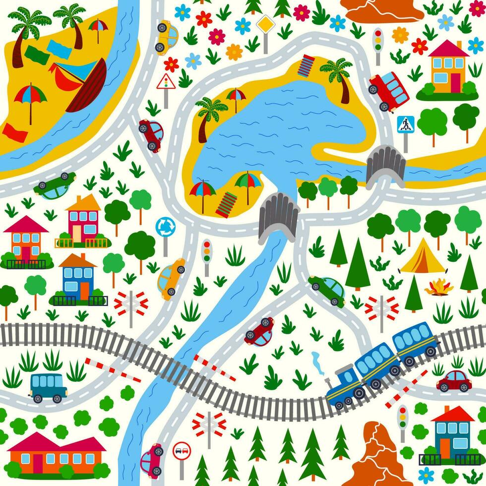 Detailed children's map of the city. Cars, buses and trains, houses and roads, river, forest and city seamless childish pattern vector