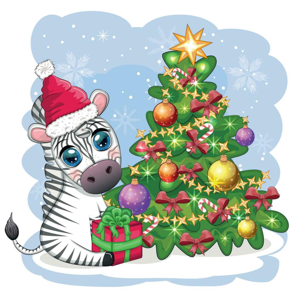 Merry Christmas and Happy New Year greeting card with cute zebra in santa hat with christmas ball, candy kane, gift vector