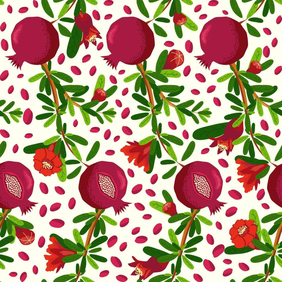Pomegranate branches with fruits and flowers Seamless pattern. Bright leaves and fruits. Jewish New Year vector