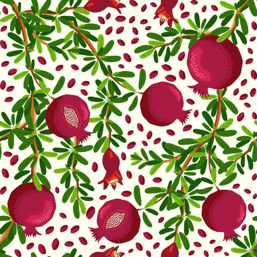 Pomegranate branches with fruits and flowers Seamless pattern. Bright leaves and fruits. Jewish New Year vector