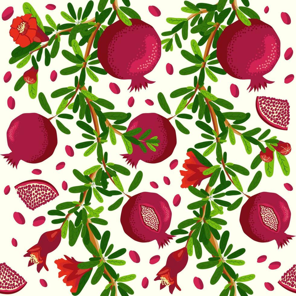 Pomegranate branches with fruits and flowers Seamless pattern. Bright leaves and fruits. Jewish New Year vector