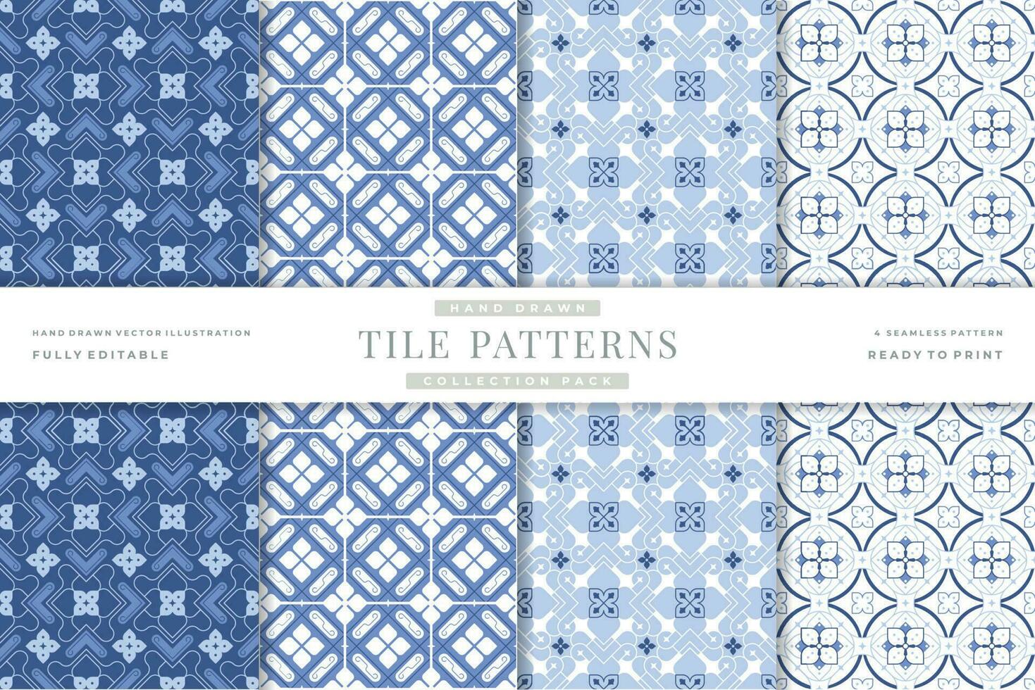 vintage blue ink tile seamless patterns collection vector