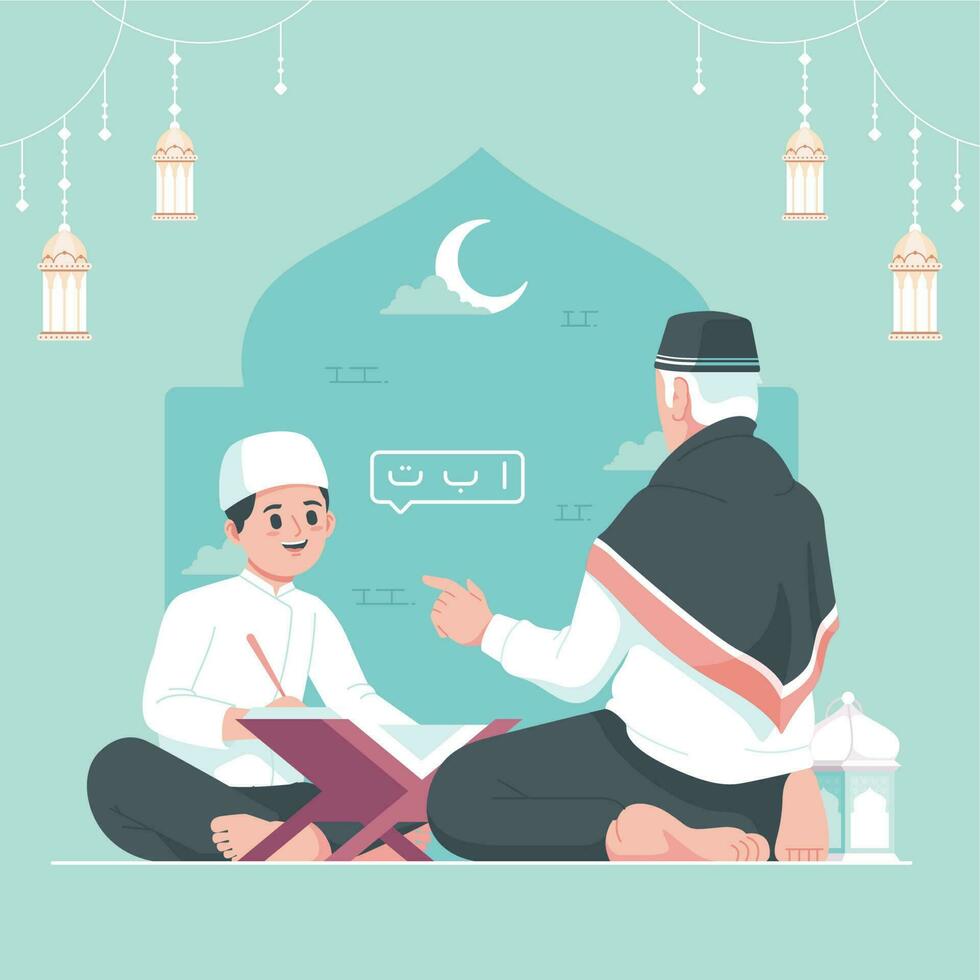 mengaji means learn to read al quran islamic illustration vector