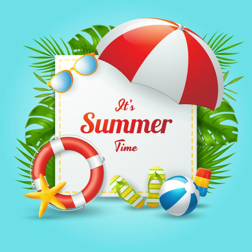 Summer time banner design with colorful beach elements vector
