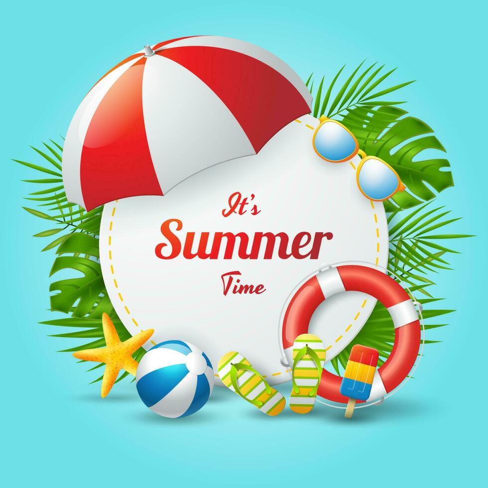 Summer time banner design with colorful beach elements vector