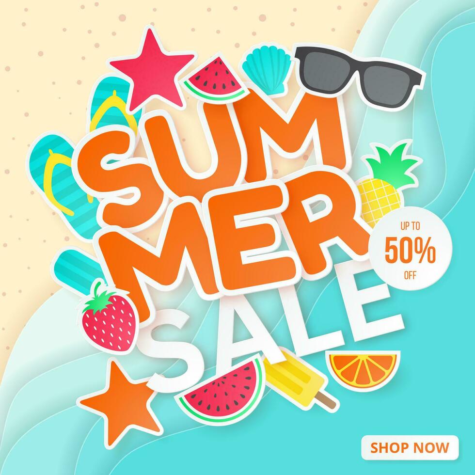 Summer sale vector banner. Paper cut style.