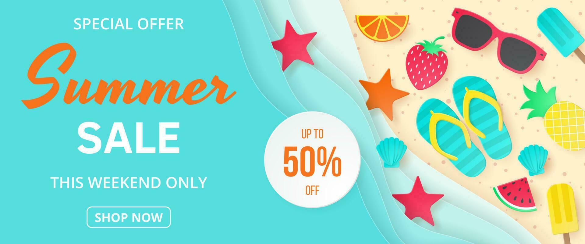 Summer sale vector banner. Paper cut style.