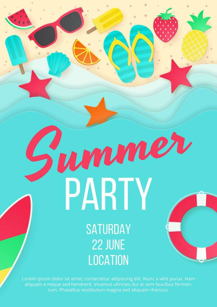 Summer party vector banner. Paper cut style.