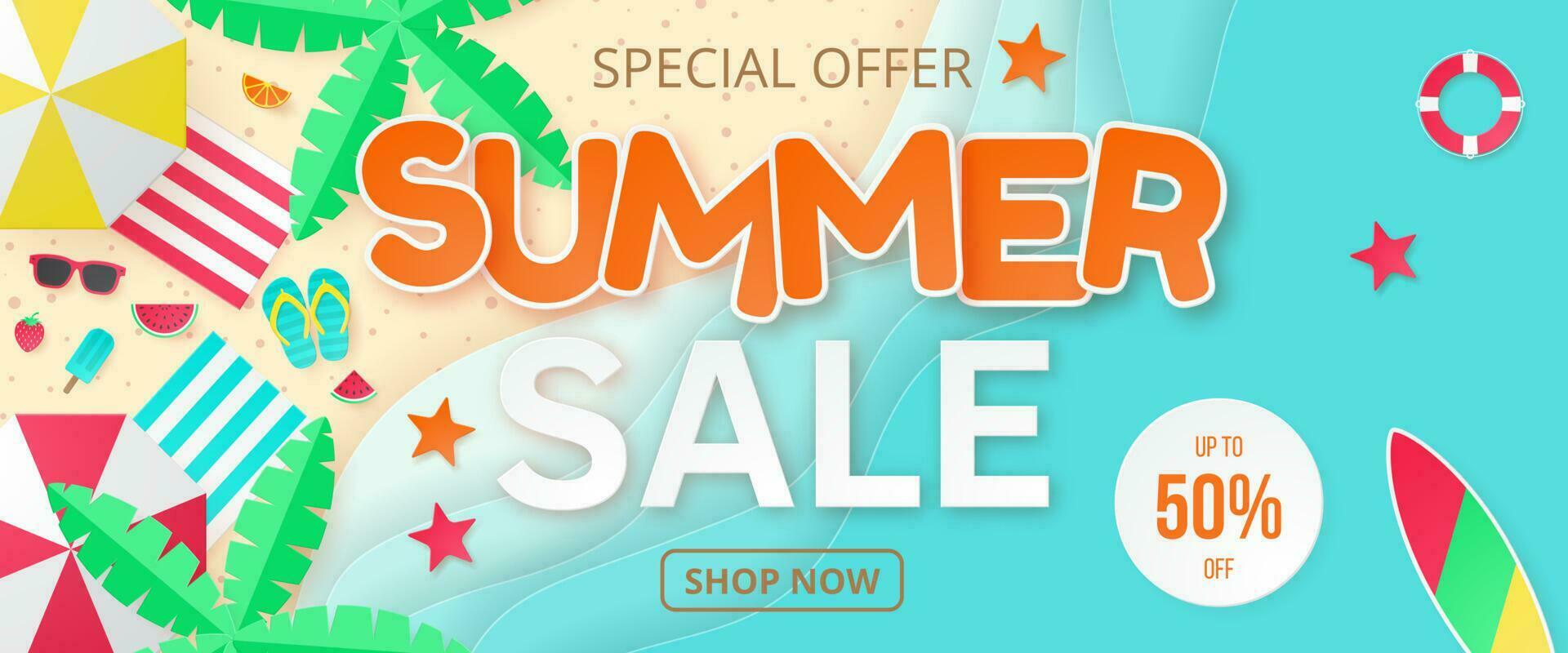 Summer sale vector banner. Paper cut style.