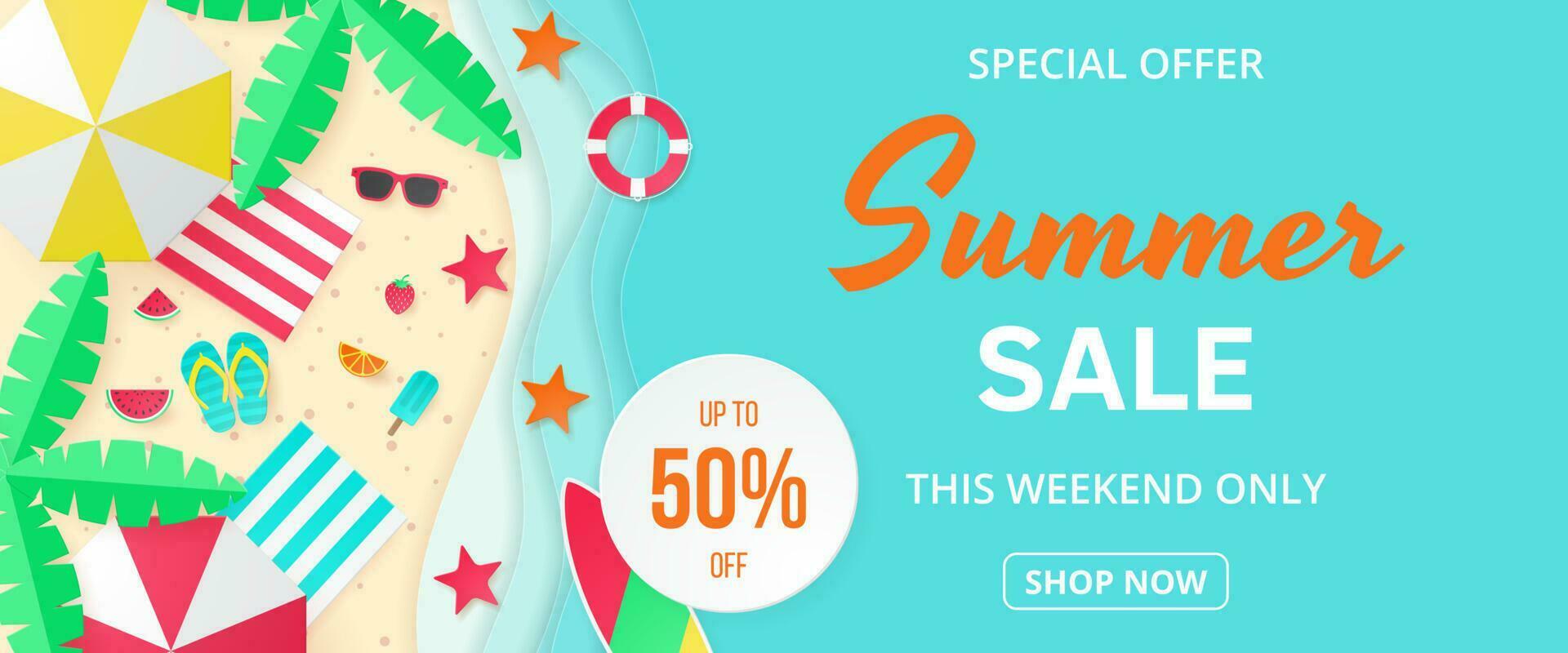 Summer sale vector banner. Paper cut style.