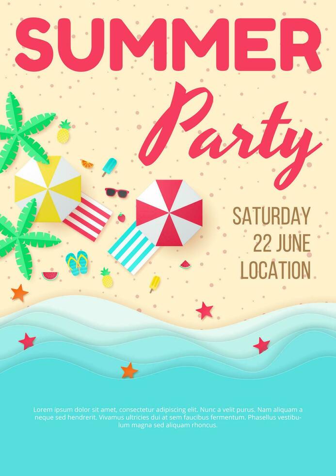Summer party vector banner. Paper cut style.