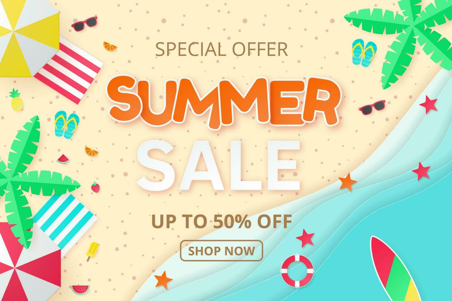 Summer sale vector banner. Paper cut style.