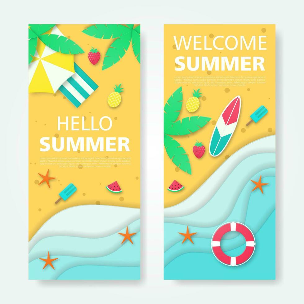 Set of Summer vector banner. Paper cut style.