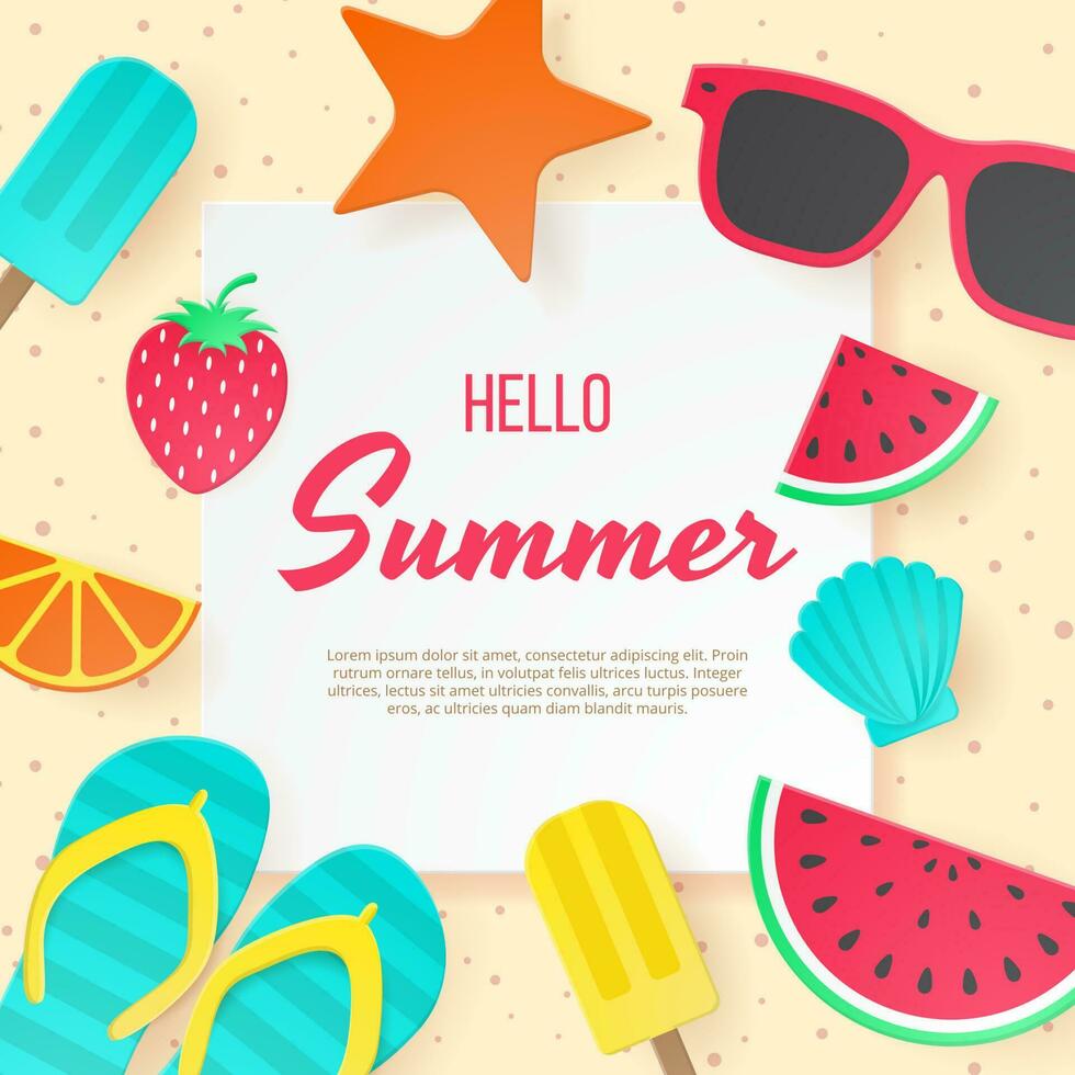 Hello Summer vector banner. Paper cut style.