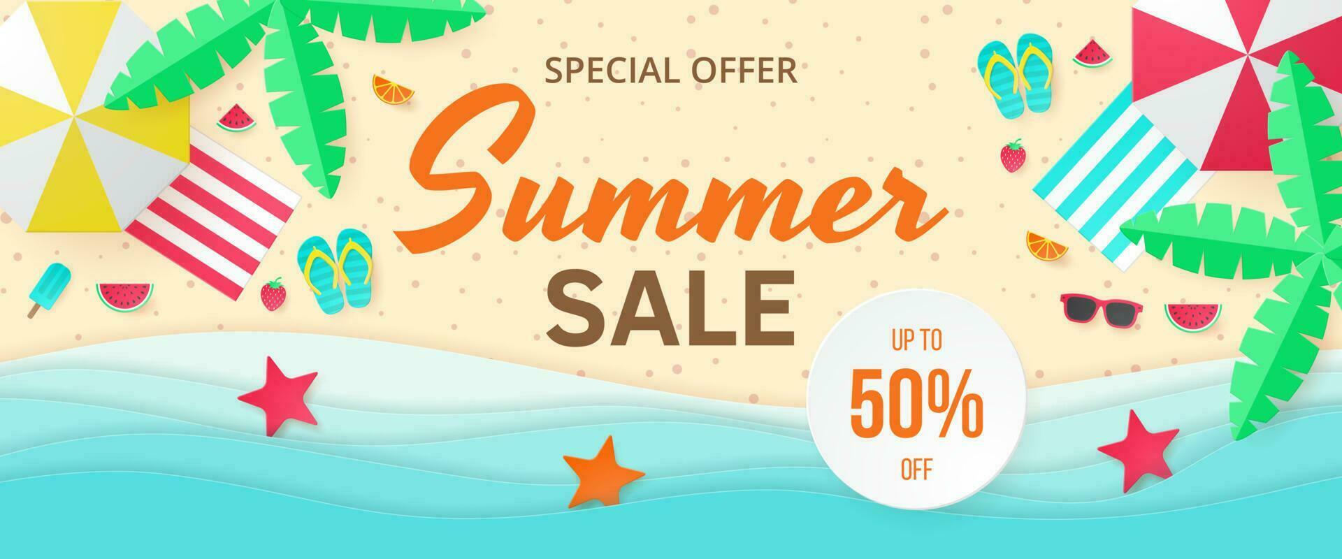Summer sale vector banner. Paper cut style.