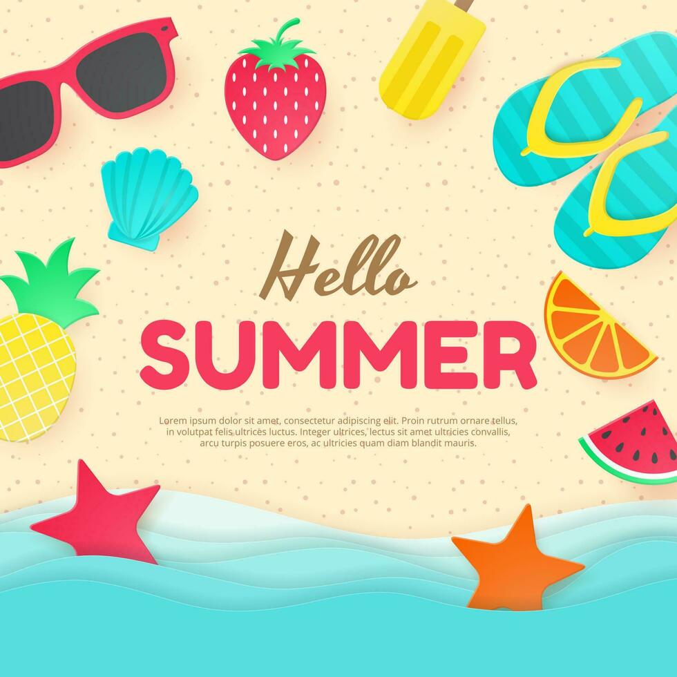 Hello Summer vector banner. Paper cut style.