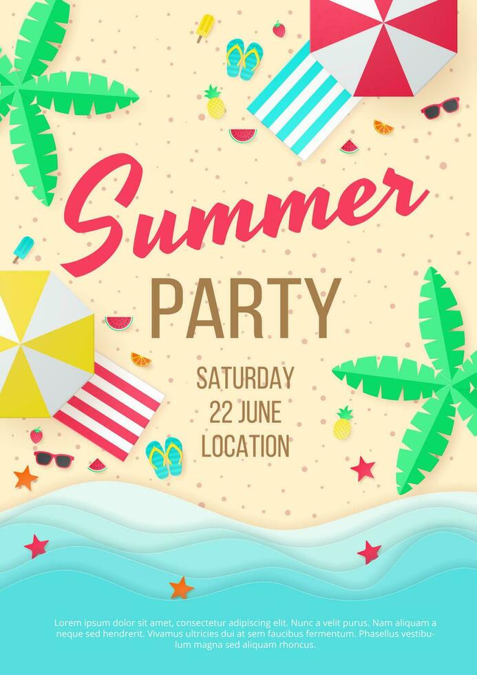 Summer party vector banner. Paper cut style.