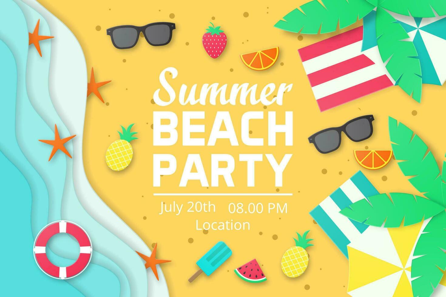 Summer party vector banner. Paper cut style.