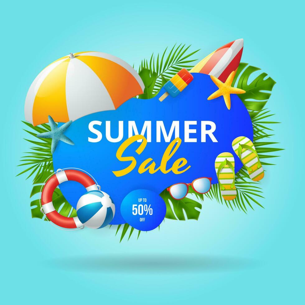 Summer sale banner design with colorful beach elements vector
