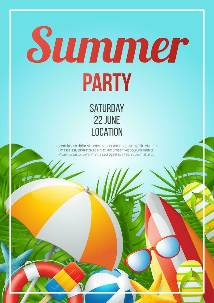 Summer party banner design with colorful beach elements vector