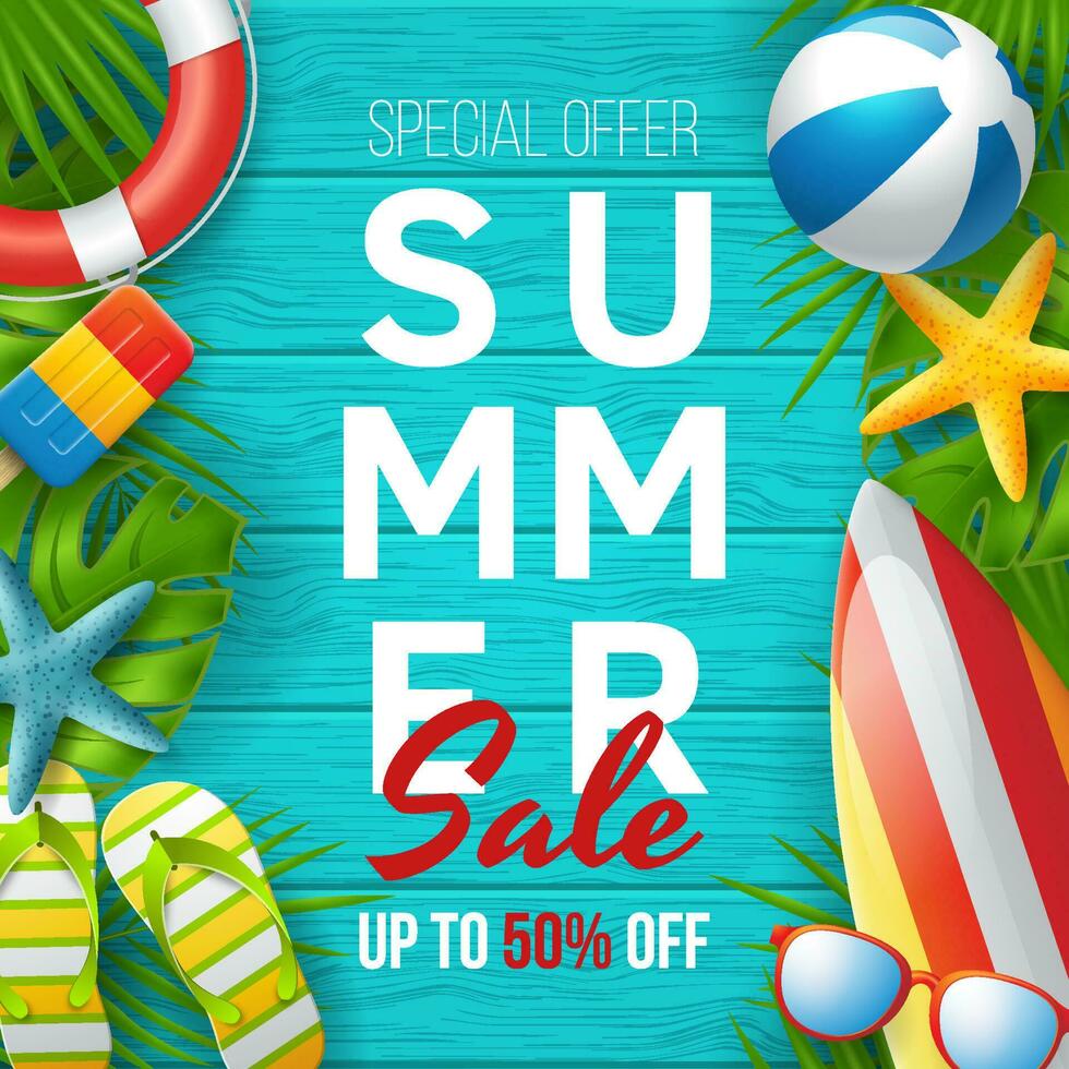 Summer sale banner design with colorful beach elements vector