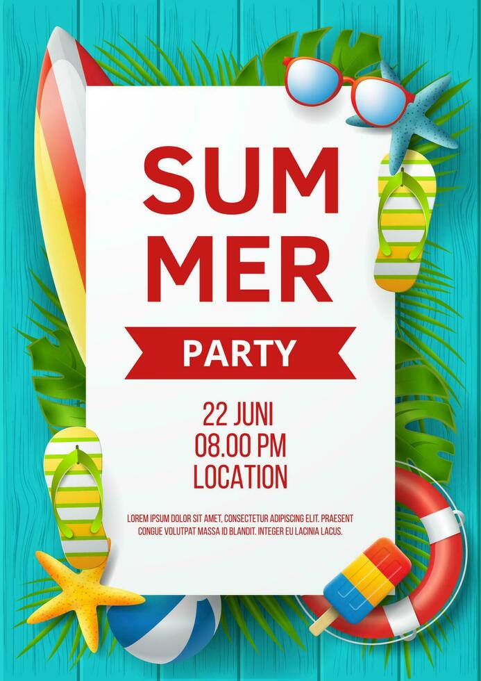 Summer party banner design with colorful beach elements vector