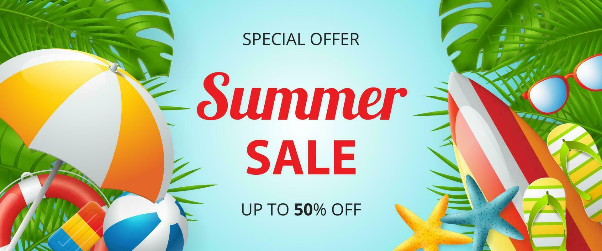 Summer party banner design with colorful beach elements vector