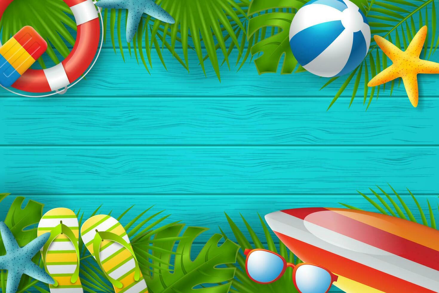 Summer party banner design with colorful beach elements vector