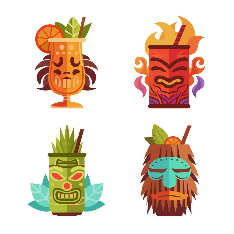 tiki bar conjunto con exótico cócteles en jarra con tiki mascarilla. hawaiano tradicional elementos. aislado en blanco antecedentes. vector dibujos animados estilo