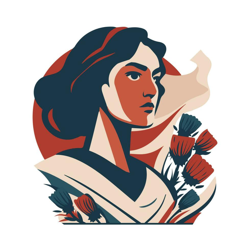 Feminism power concept. Poster or banner for website. A strong woman with a serious face. Retro colors. vector