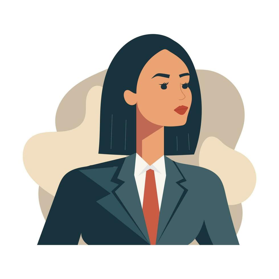 A business woman. Avatar of a brunette girl. Red lipstick on the lips. Vector illustration for banner or poster on white. Flat design, modern colors